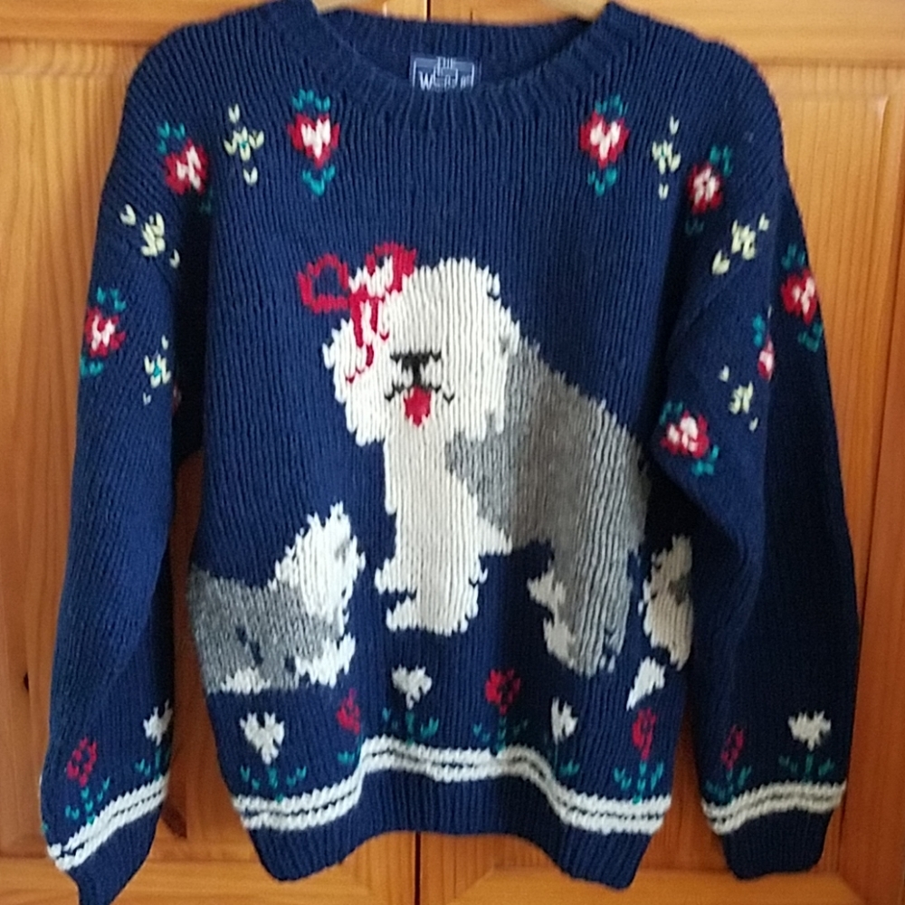 Woolrich Navy Blue Sweater with Dog and Floral Design